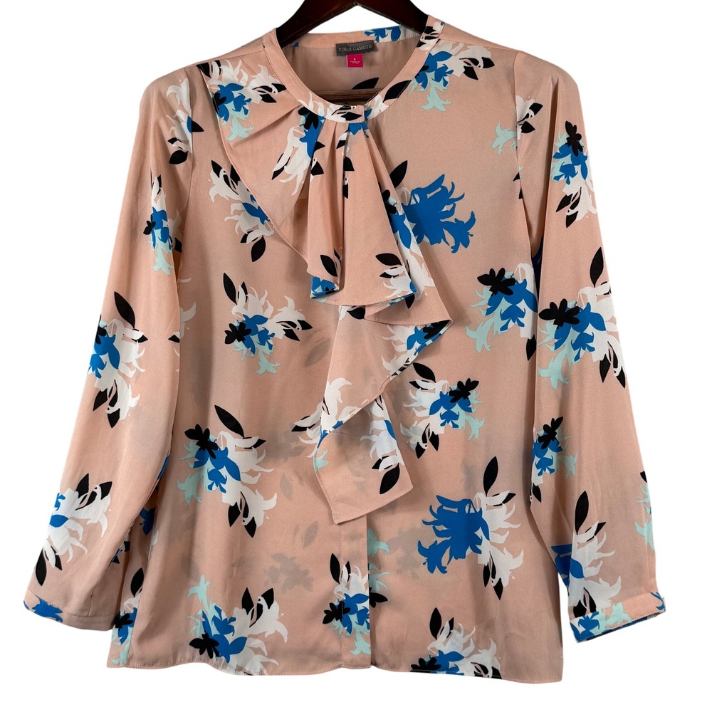 Vince Camuto Floral Ruffle Blouse S Blush Pink Blue Long Sleeve Romantic Top